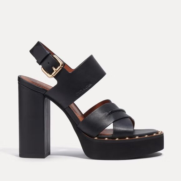 Coach Women's Size 10 Black Callie Leather Heeled Platform Sandals Block Heel - Picture 1 of 7